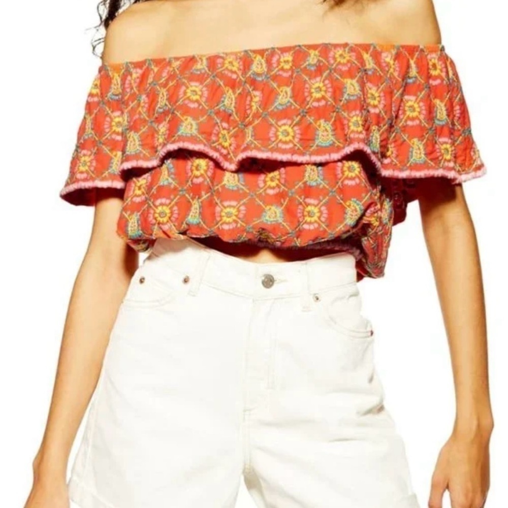Topshop Embroidered Off The Shoulder Crop Top Sz 2 Orange